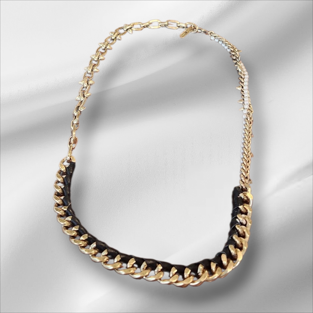 Stella & Dot Retired Gold and Black Leather Braid Statement Necklace